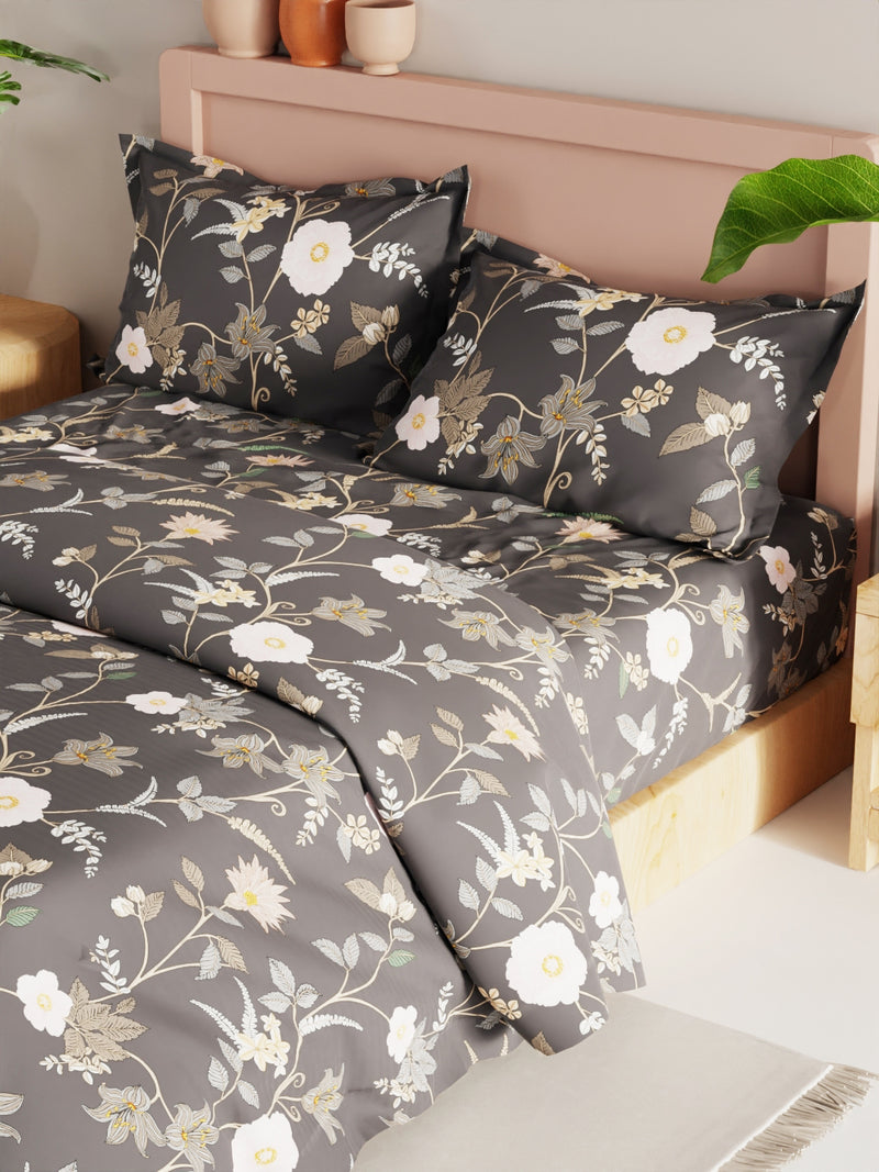 Extra Smooth Double Comforter With 1 Double Bedsheet 2 Pillow Covers, For Ac Room <small> (floral-charcoalgrey)</small>