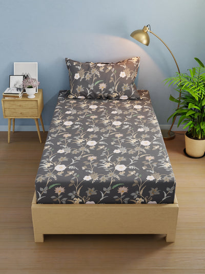 Extra Smooth Micro Single Bedsheet With 1 Pillow Cover <small> (floral-charcoalgrey)</small>