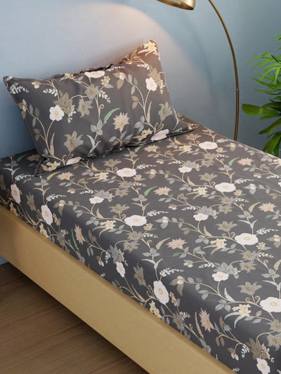 Extra Smooth Micro Single Bedsheet With 1 Pillow Cover <small> (floral-charcoalgrey)</small>