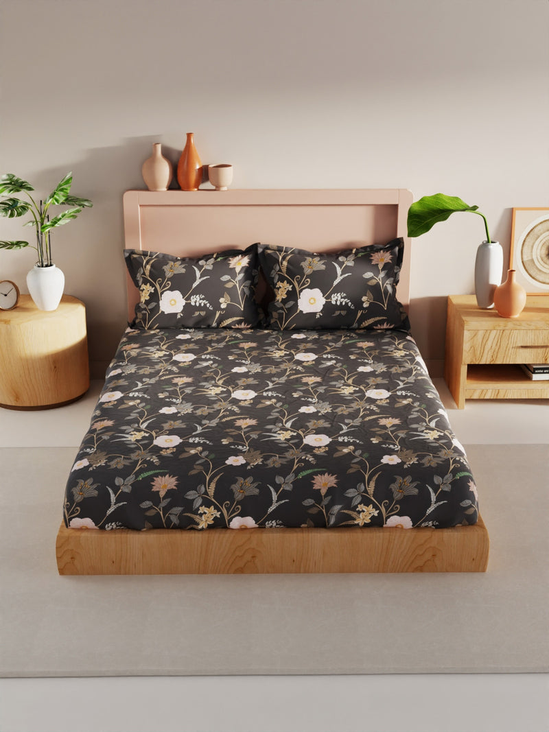 Bamboo Micro King Bedsheet With 2 Pillow Covers <small> (floral-charcoalgrey)</small>