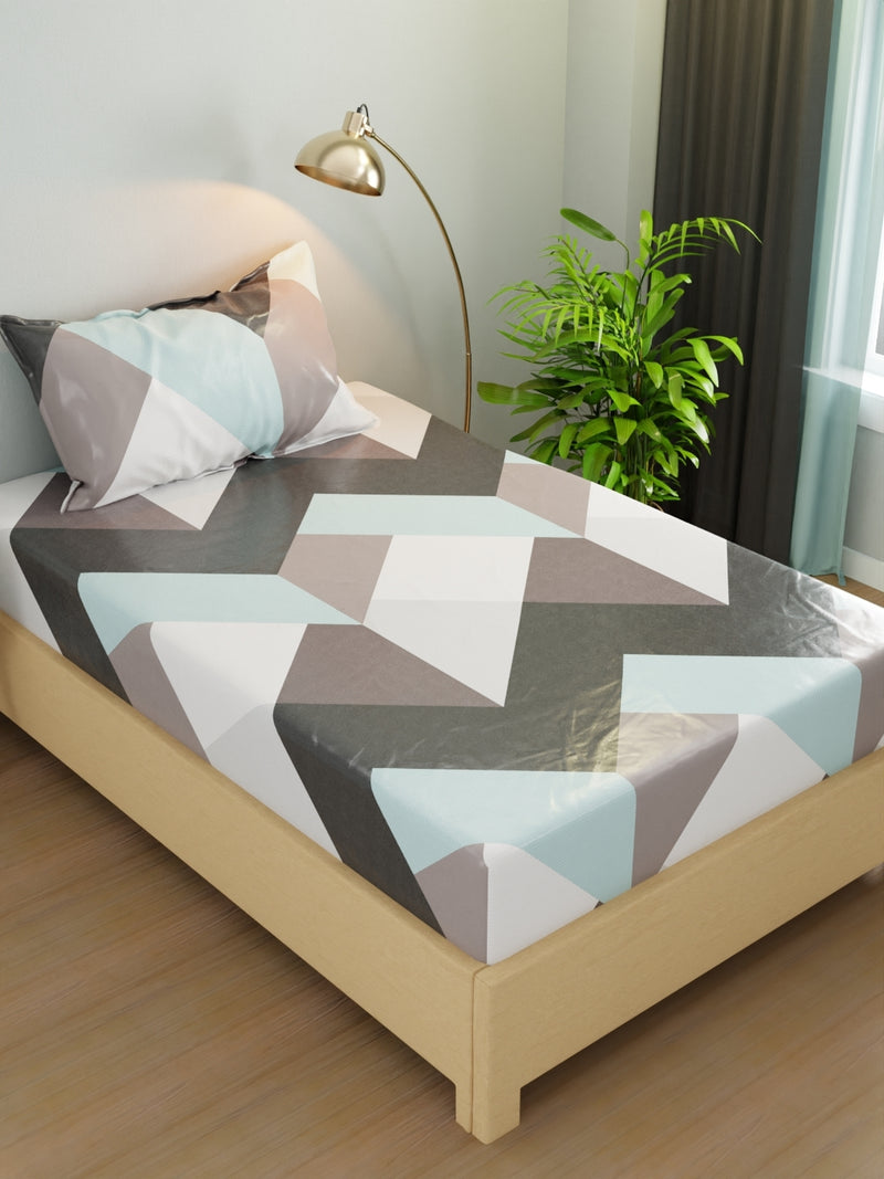 Extra Smooth Micro Single Bedsheet With 1 Pillow Cover <small> (geometric-grey/turq)</small>