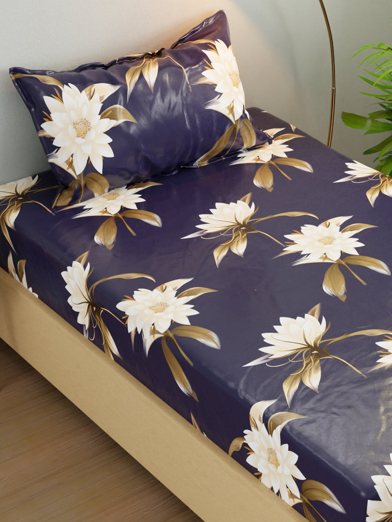 Extra Smooth Micro Single Bedsheet With 1 Pillow Cover <small> (floral-navyblue)</small>