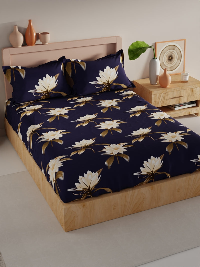 Bamboo Micro King Bedsheet With 2 Pillow Covers <small> (floral-navyblue)</small>