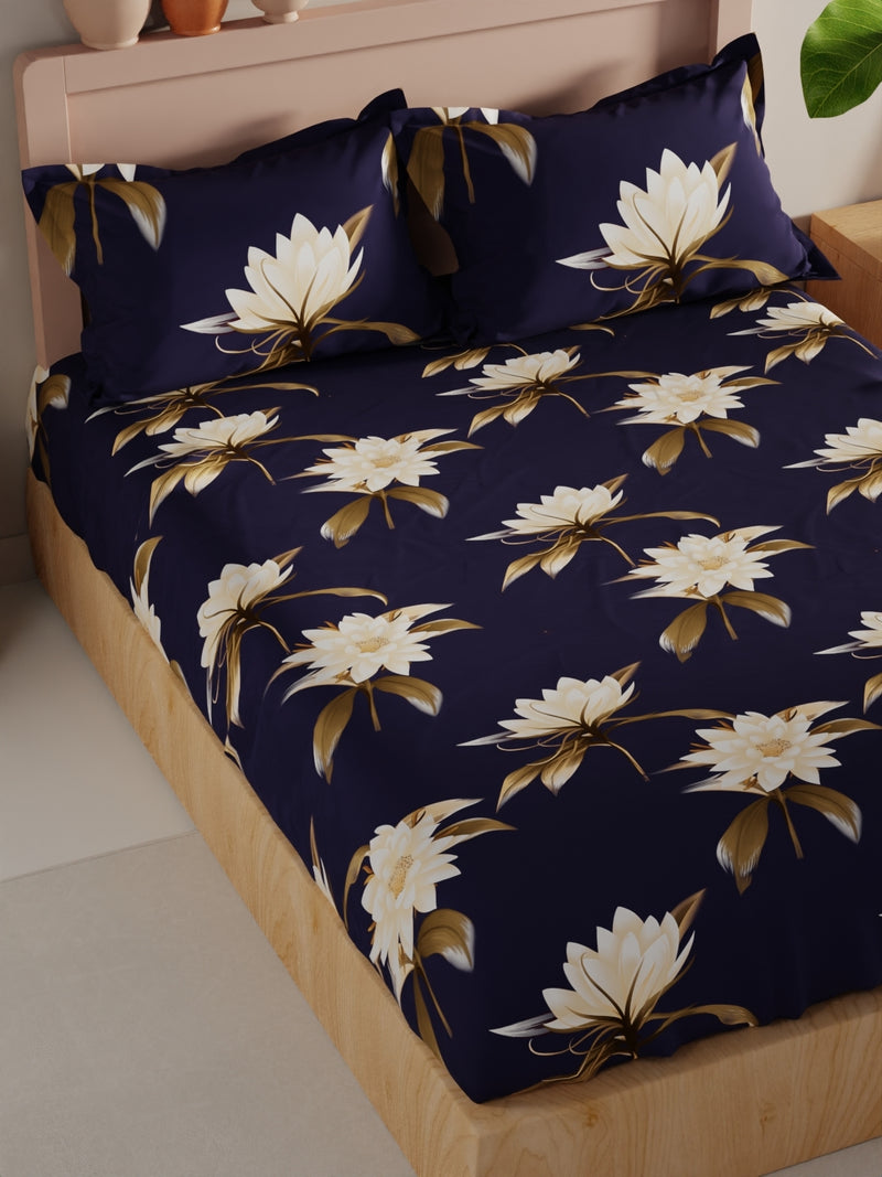 Bamboo Micro King Bedsheet With 2 Pillow Covers <small> (floral-navyblue)</small>