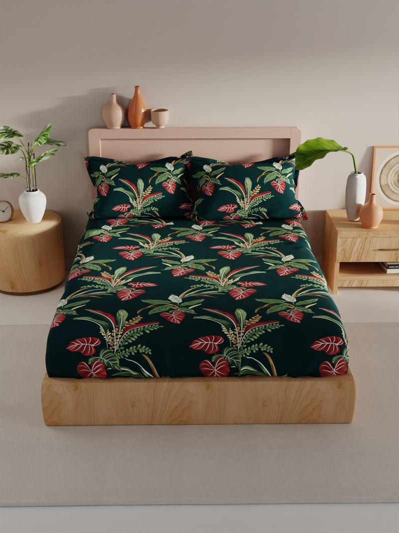 Bamboo Micro King Bedsheet With 2 Pillow Covers <small> (floral-forestgreen)</small>