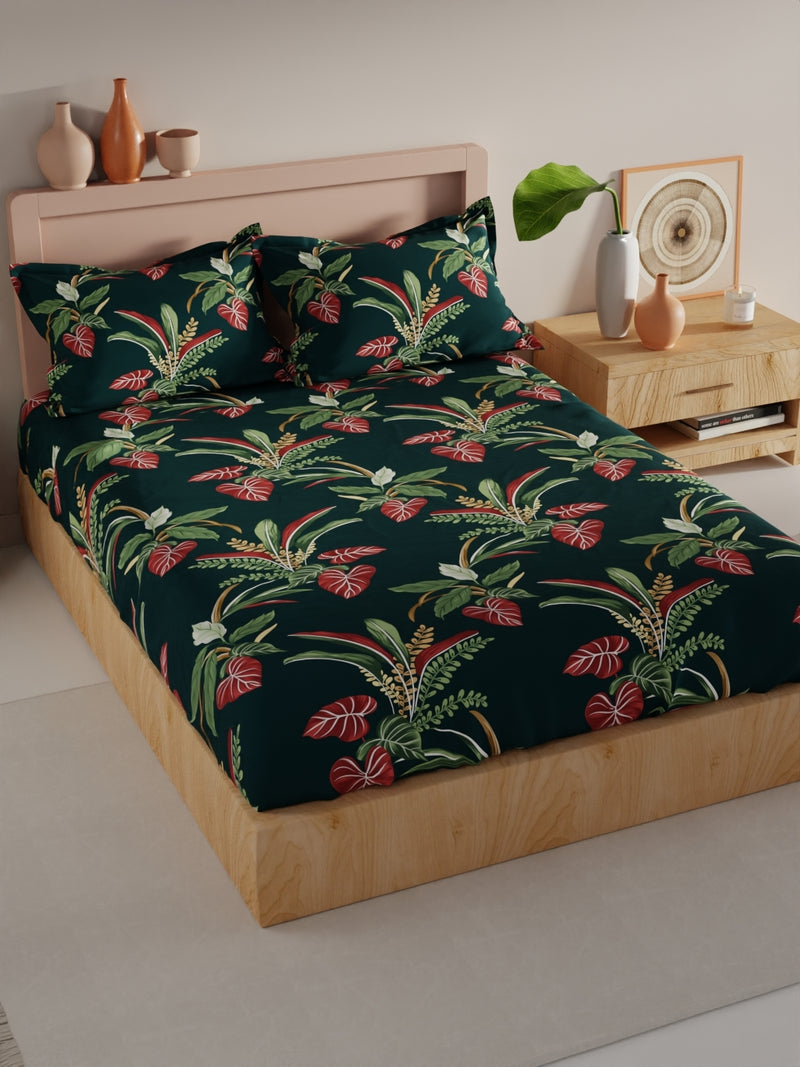 Bamboo Micro King Bedsheet With 2 Pillow Covers <small> (floral-forestgreen)</small>