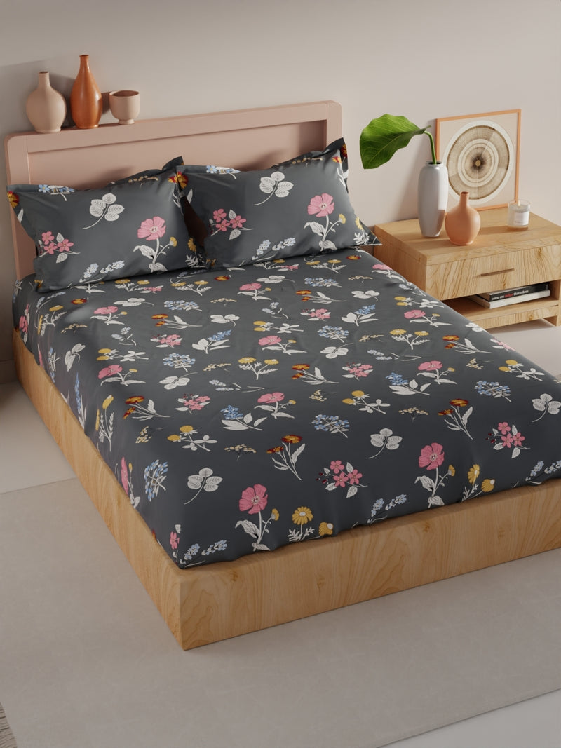 Bamboo Micro King Bedsheet With 2 Pillow Covers <small> (floral-grey)</small>