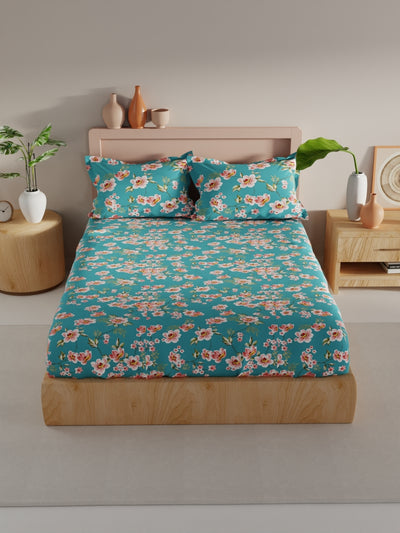 Bamboo Micro King Bedsheet With 2 Pillow Covers <small> (floral-turquoise)</small>