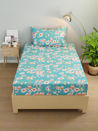 Extra Smooth Micro Single Bedsheet With 1 Pillow Cover <small> (floral-turquoise)</small>