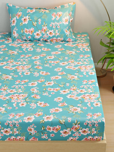 Extra Smooth Micro Single Bedsheet With 1 Pillow Cover <small> (floral-turquoise)</small>