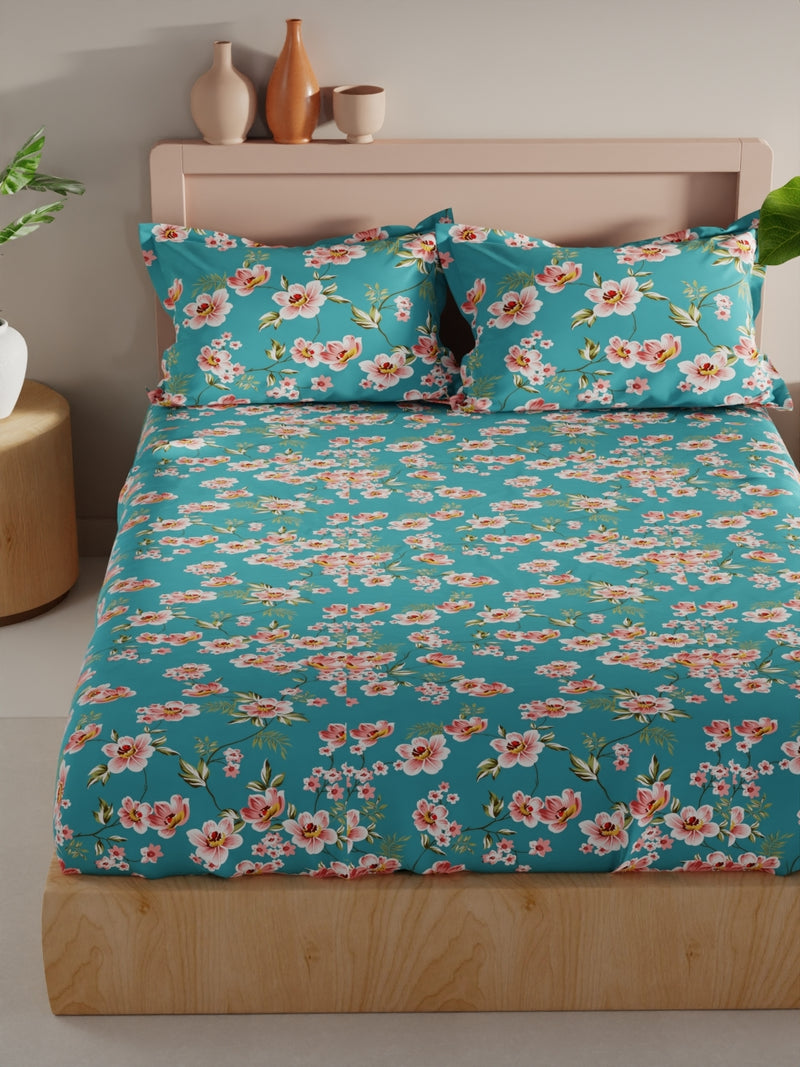 Bamboo Micro King Bedsheet With 2 Pillow Covers <small> (floral-turquoise)</small>