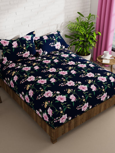 Extra Smooth Micro Double Bedsheet With 2 Pillow Covers <small> (floral-navyblue)</small>