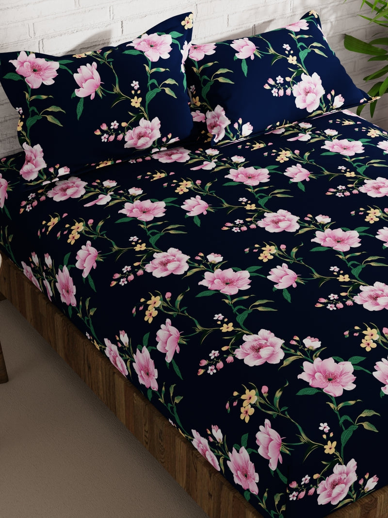 Extra Smooth Micro Double Bedsheet With 2 Pillow Covers <small> (floral-navyblue)</small>