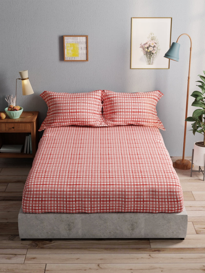 100% Pure Cotton Double Bedsheet With 2 Pillow Covers <small> (checks-red)</small>