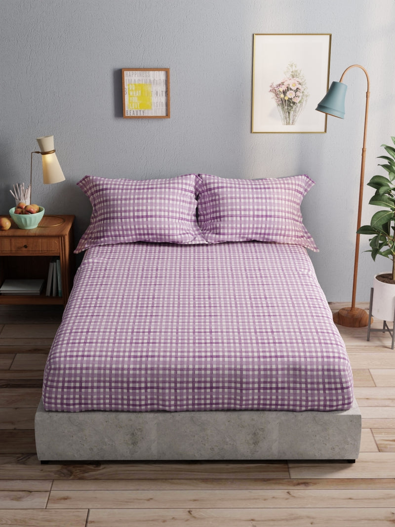 100% Pure Cotton Double Bedsheet With 2 Pillow Covers <small> (checks-lilac)</small>