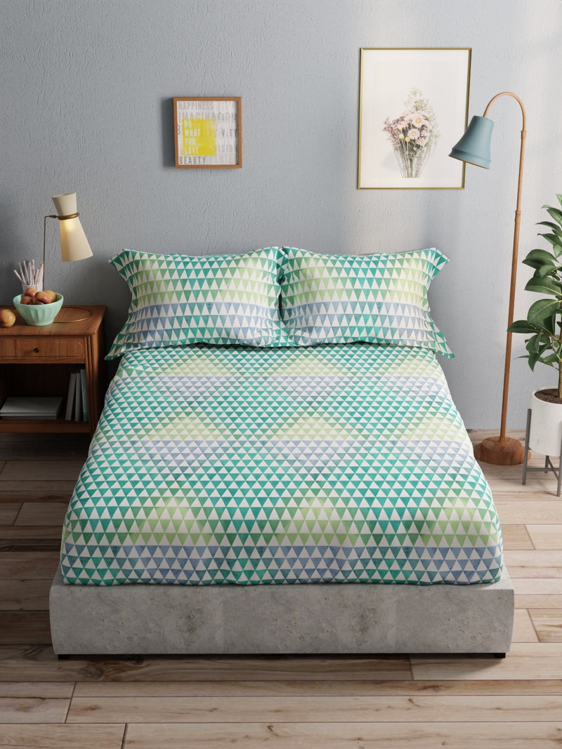100% Pure Cotton Double Bedsheet With 2 Pillow Covers <small> (geometric-blue/green)</small>