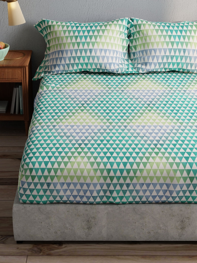 100% Pure Cotton Double Bedsheet With 2 Pillow Covers <small> (geometric-blue/green)</small>