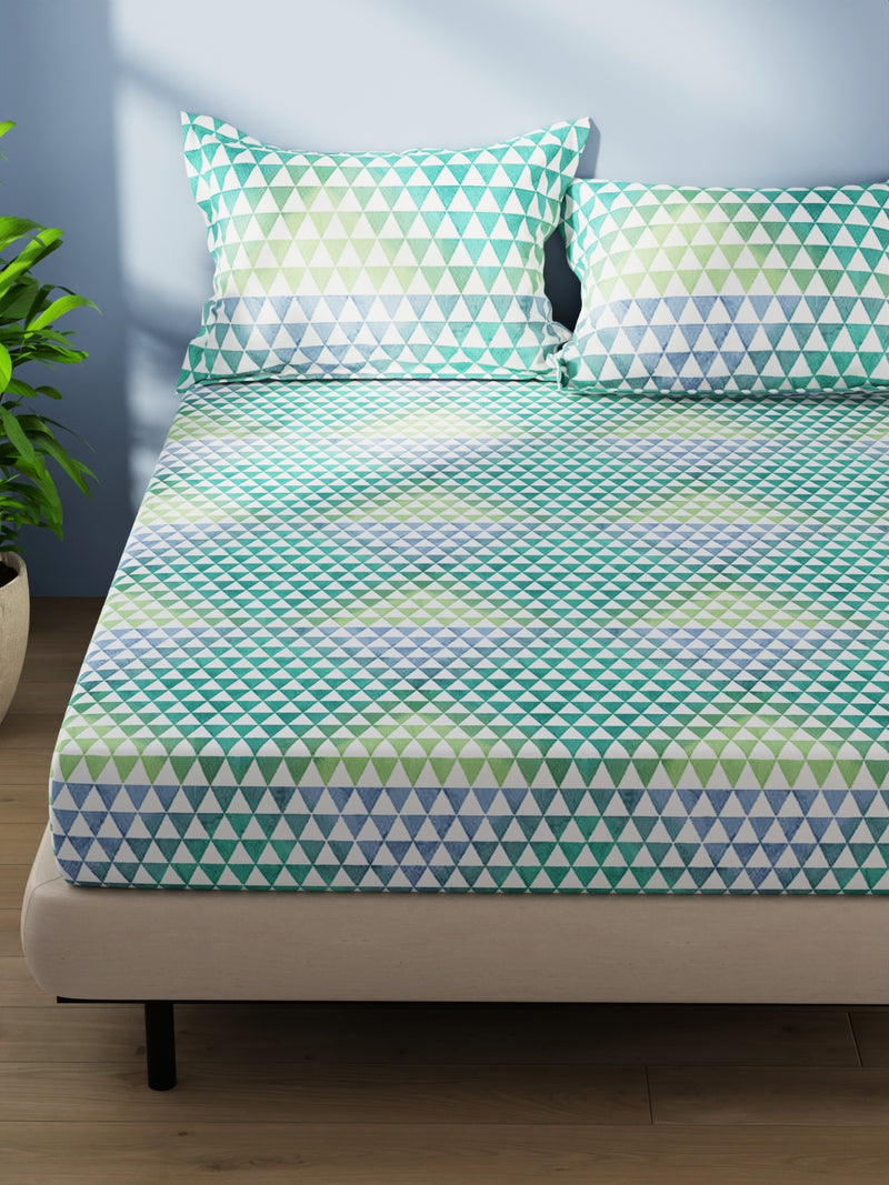 Cotton Double Bedsheet With 2 Pillow Covers <small> (geometric-blue/green)</small>