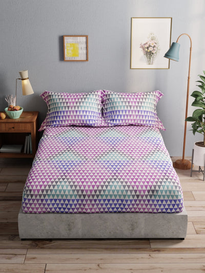 100% Pure Cotton Double Bedsheet With 2 Pillow Covers <small> (geometric-teal/purple)</small>