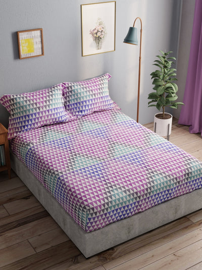 100% Pure Cotton Double Bedsheet With 2 Pillow Covers <small> (geometric-teal/purple)</small>