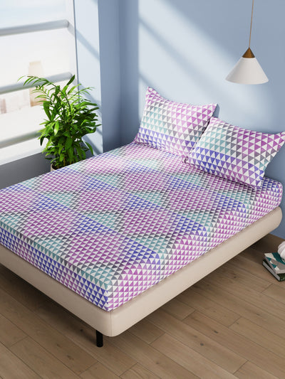 Cotton Double Bedsheet With 2 Pillow Covers <small> (geometric-teal/purple)</small>