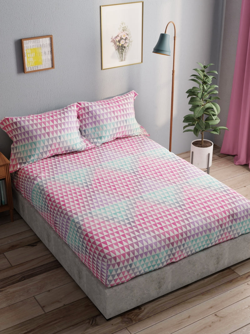 100% Pure Cotton Double Bedsheet With 2 Pillow Covers <small> (geometric-teal/pink)</small>