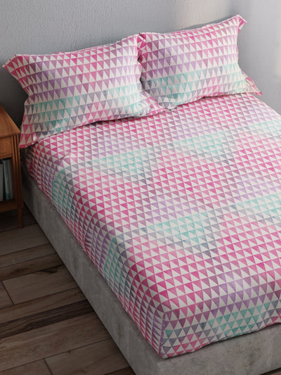 100% Pure Cotton Double Bedsheet With 2 Pillow Covers <small> (geometric-teal/pink)</small>