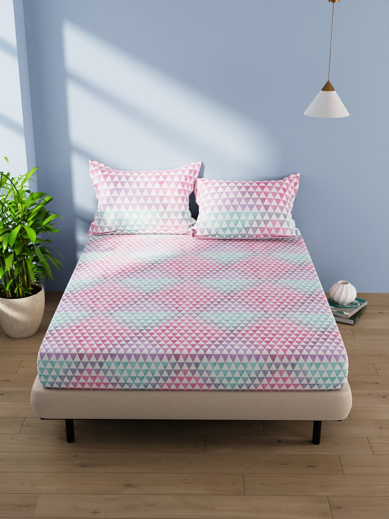 Cotton Double Bedsheet With 2 Pillow Covers <small> (geometric-teal/pink)</small>