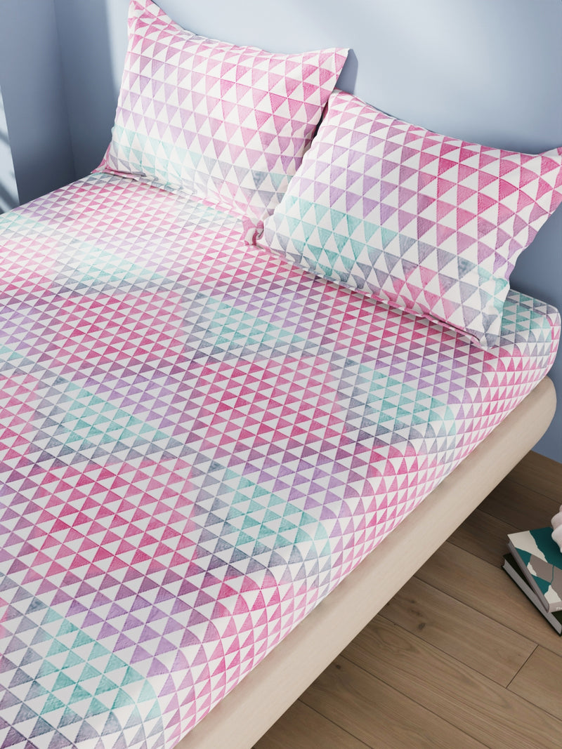 Cotton Double Bedsheet With 2 Pillow Covers <small> (geometric-teal/pink)</small>