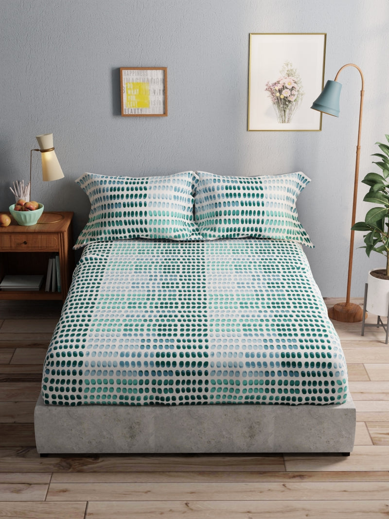 100% Pure Cotton Double Bedsheet With 2 Pillow Covers <small> (dot-teal/green)</small>