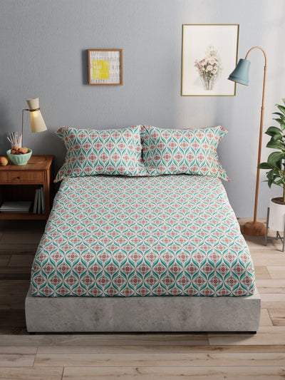 100% Pure Cotton Double Bedsheet With 2 Pillow Covers <small> (ornamental-teal/red)</small>