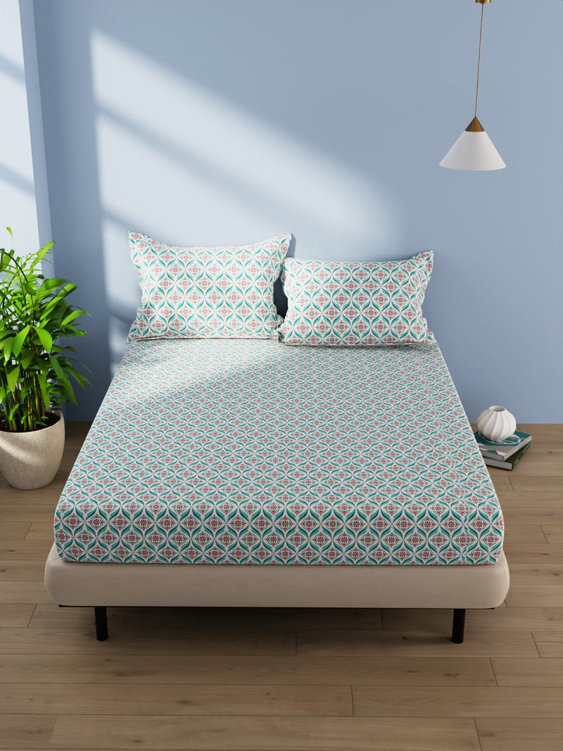 Cotton Double Bedsheet With 2 Pillow Covers <small> (ornamental-teal/red)</small>