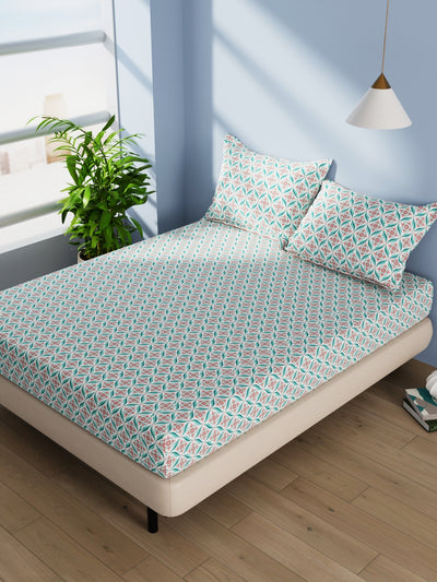 Cotton Double Bedsheet With 2 Pillow Covers <small> (ornamental-teal/red)</small>