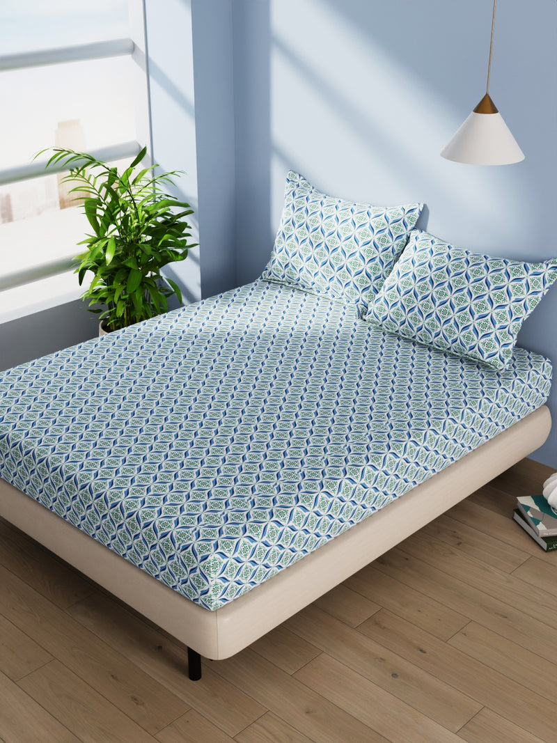 Cotton Double Bedsheet With 2 Pillow Covers <small> (ornamental-blue/green)</small>