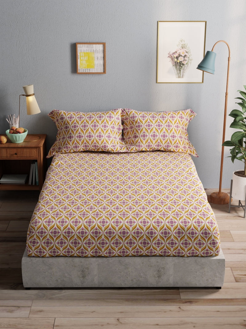 100% Pure Cotton Double Bedsheet With 2 Pillow Covers <small> (ornamental-mustard/purple)</small>