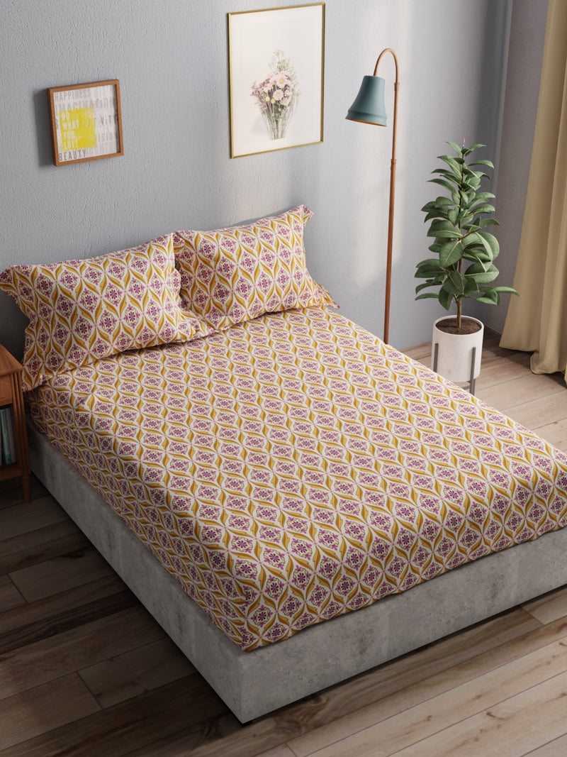 100% Pure Cotton Double Bedsheet With 2 Pillow Covers <small> (ornamental-mustard/purple)</small>
