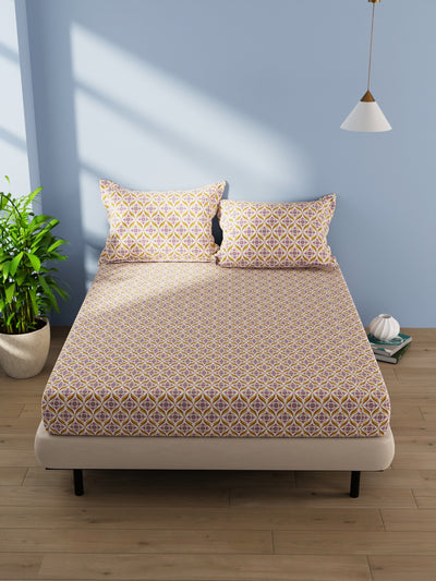 Cotton Double Bedsheet With 2 Pillow Covers <small> (ornamental-mustard/purple)</small>