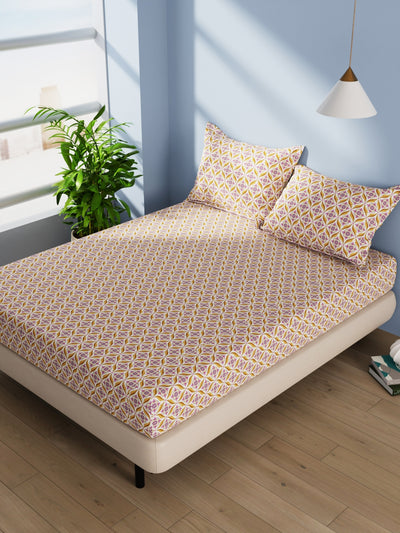 Cotton Double Bedsheet With 2 Pillow Covers <small> (ornamental-mustard/purple)</small>