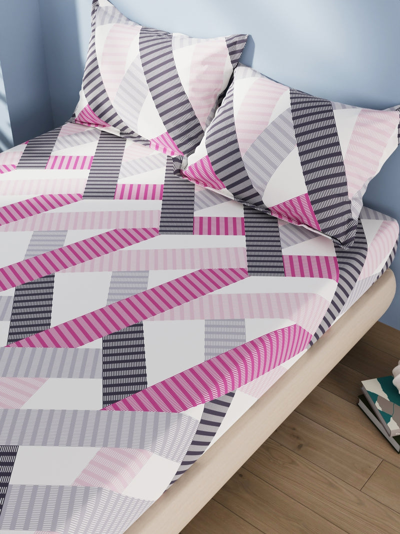 Cotton Double Bedsheet With 2 Pillow Covers <small> (geometric-pink/multi)</small>