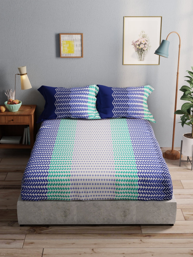 100% Pure Cotton Double Bedsheet With 2 Pillow Covers <small> (geometric-blue/multi)</small>