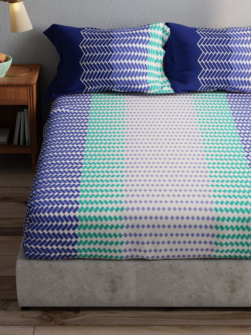 100% Pure Cotton Double Bedsheet With 2 Pillow Covers <small> (geometric-blue/multi)</small>