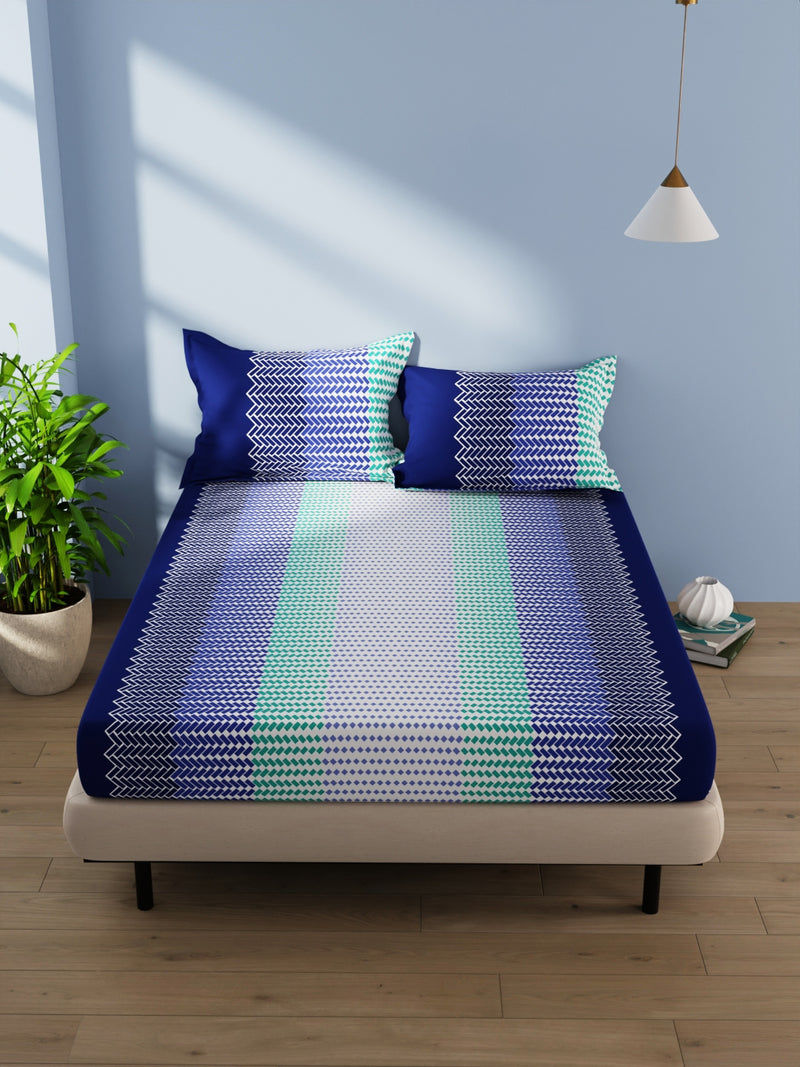 Cotton Double Bedsheet With 2 Pillow Covers <small> (geometric-blue/multi)</small>