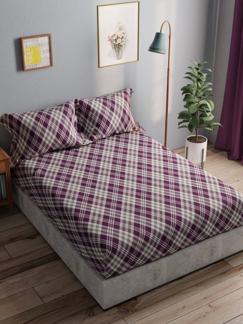 100% Pure Cotton Double Bedsheet With 2 Pillow Covers <small> (checks-wine)</small>