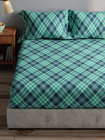 100% Pure Cotton Double Bedsheet With 2 Pillow Covers <small> (checks-teal)</small>