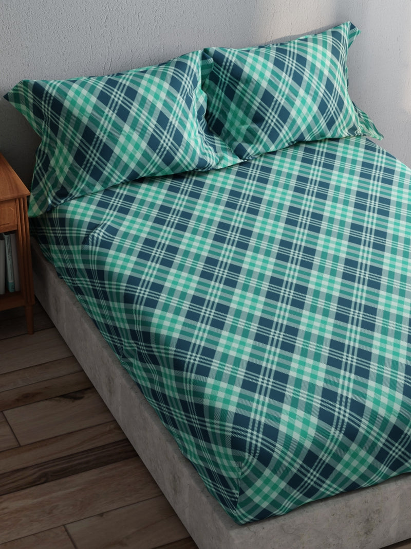 100% Pure Cotton Double Bedsheet With 2 Pillow Covers <small> (checks-teal)</small>