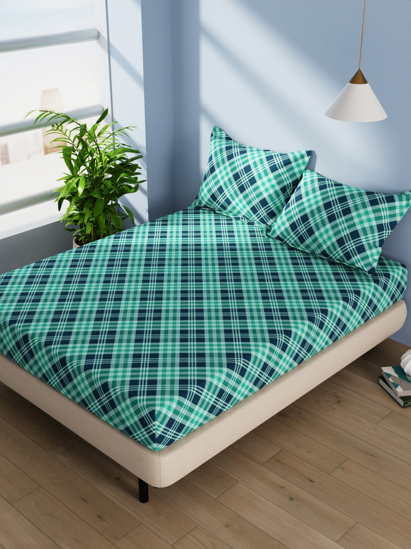 Cotton Double Bedsheet With 2 Pillow Covers <small> (checks-teal)</small>