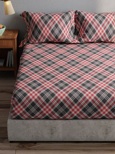 100% Pure Cotton Double Bedsheet With 2 Pillow Covers <small> (checks-grey/red)</small>