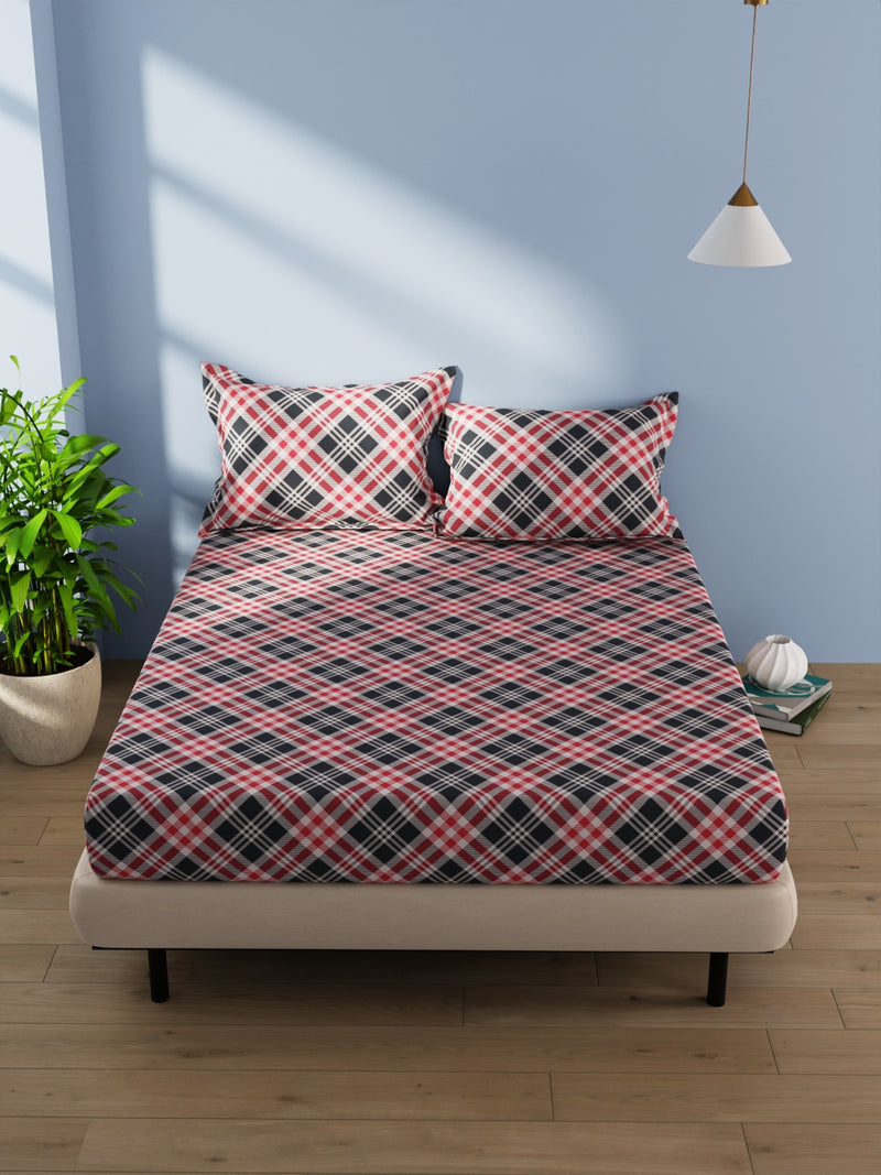 Cotton Double Bedsheet With 2 Pillow Covers <small> (checks-grey/red)</small>