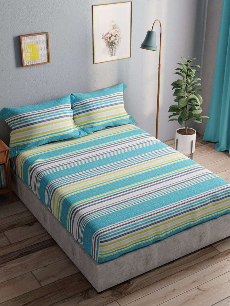 100% Pure Cotton Double Bedsheet With 2 Pillow Covers <small> (stripe-blue/multi)</small>