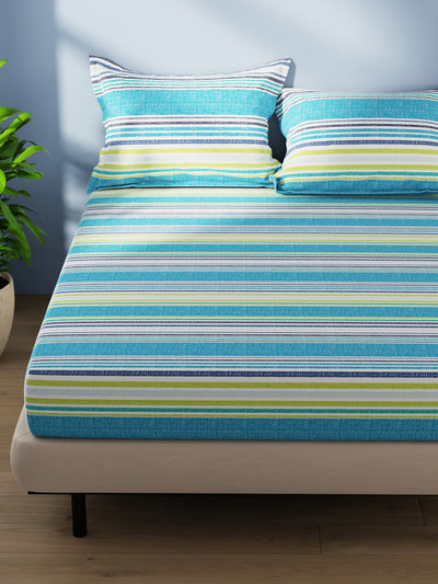 Cotton Double Bedsheet With 2 Pillow Covers <small> (stripe-blue/multi)</small>